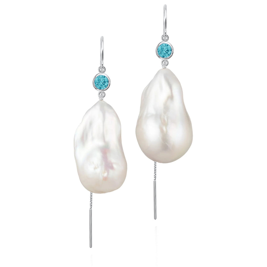 Aquamarine And Large Baroque Freshwater Pearl Drop Threader Earrings In 14K Yellow Gold