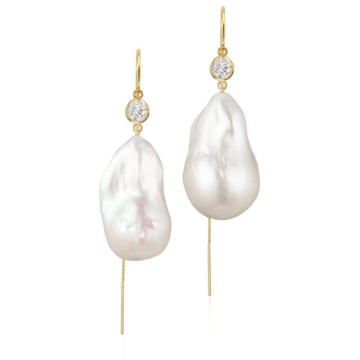 Diamond And Large Baroque Freshwater Pearl Drop Threader Earrings In 14K Yellow Gold
