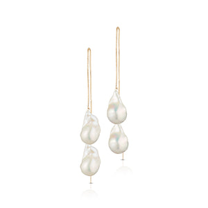 Extra Long Adjustable 14 - Karat Gold Filled Double White Baroque Freshwater Pearl Threader Earrings