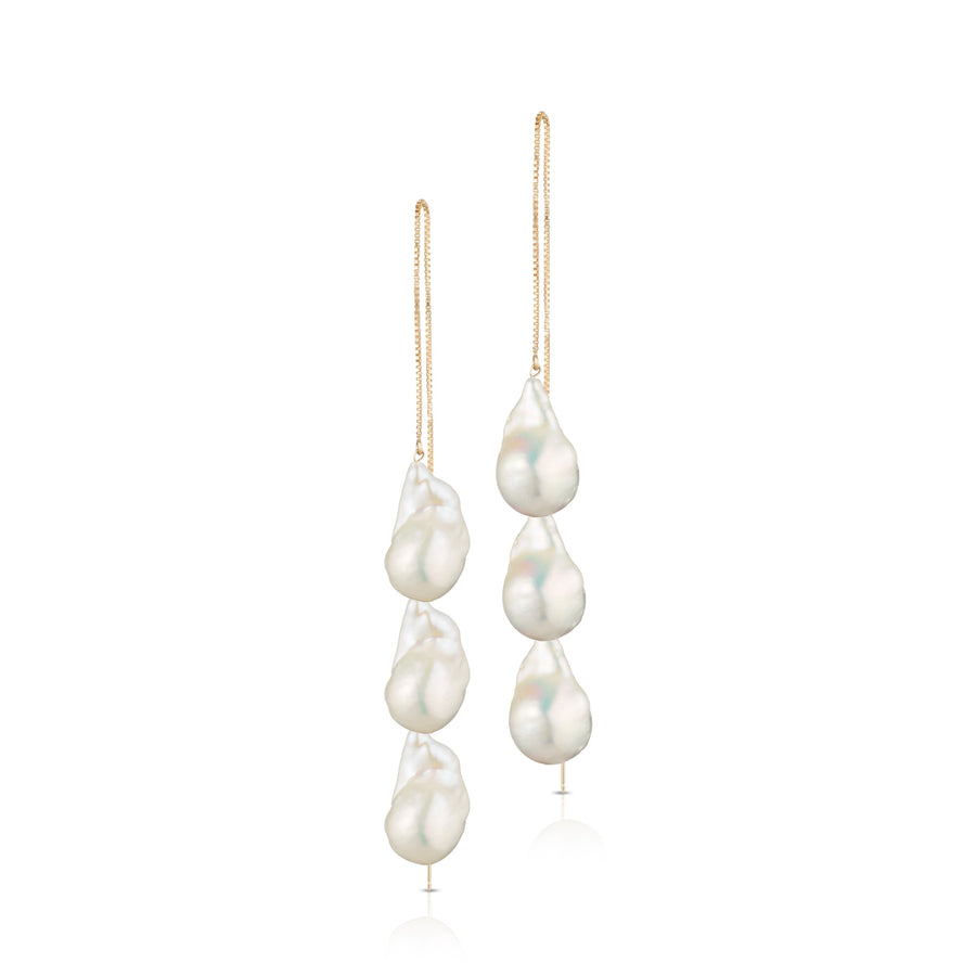 Extra Long Adjustable 14 - Karat Gold Filled Double White Baroque Freshwater Pearl Threader Earrings