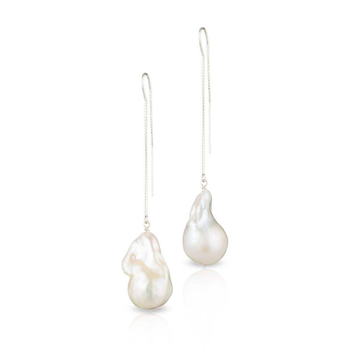 Large White Baroque Freshwater Pearl Drop And Dangle Threader Earrings In Sterling Silver