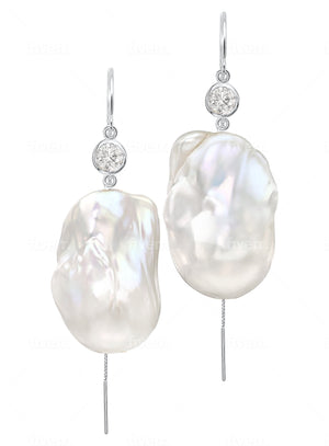 Jean Joaillerie Signature Diamond And XXL Large Baroque Freshwater Pearl Drop Bridal Earrings In 14K White Gold
