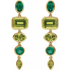Natural Peridot & Lab-Grown Emerald Dangle Earrings In Solid 14K Yellow Gold