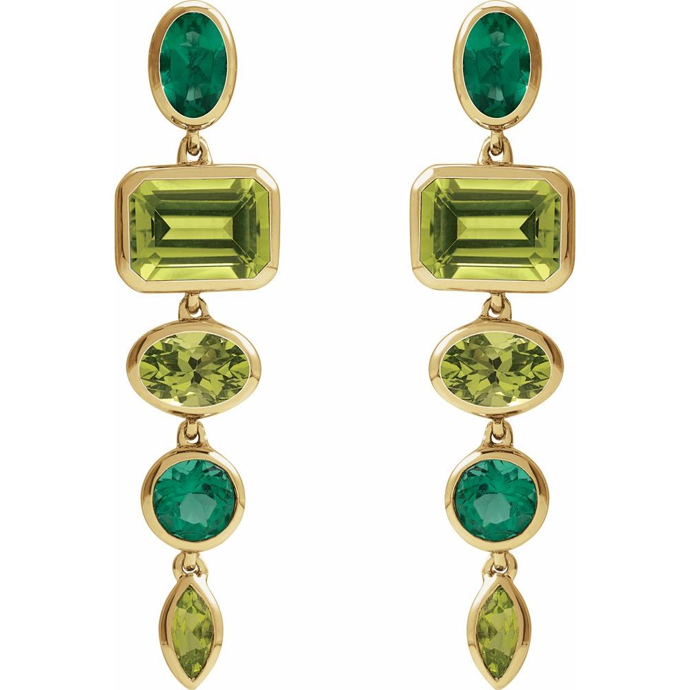 Natural Peridot & Lab-Grown Emerald Dangle Earrings In Solid 14K Yellow Gold