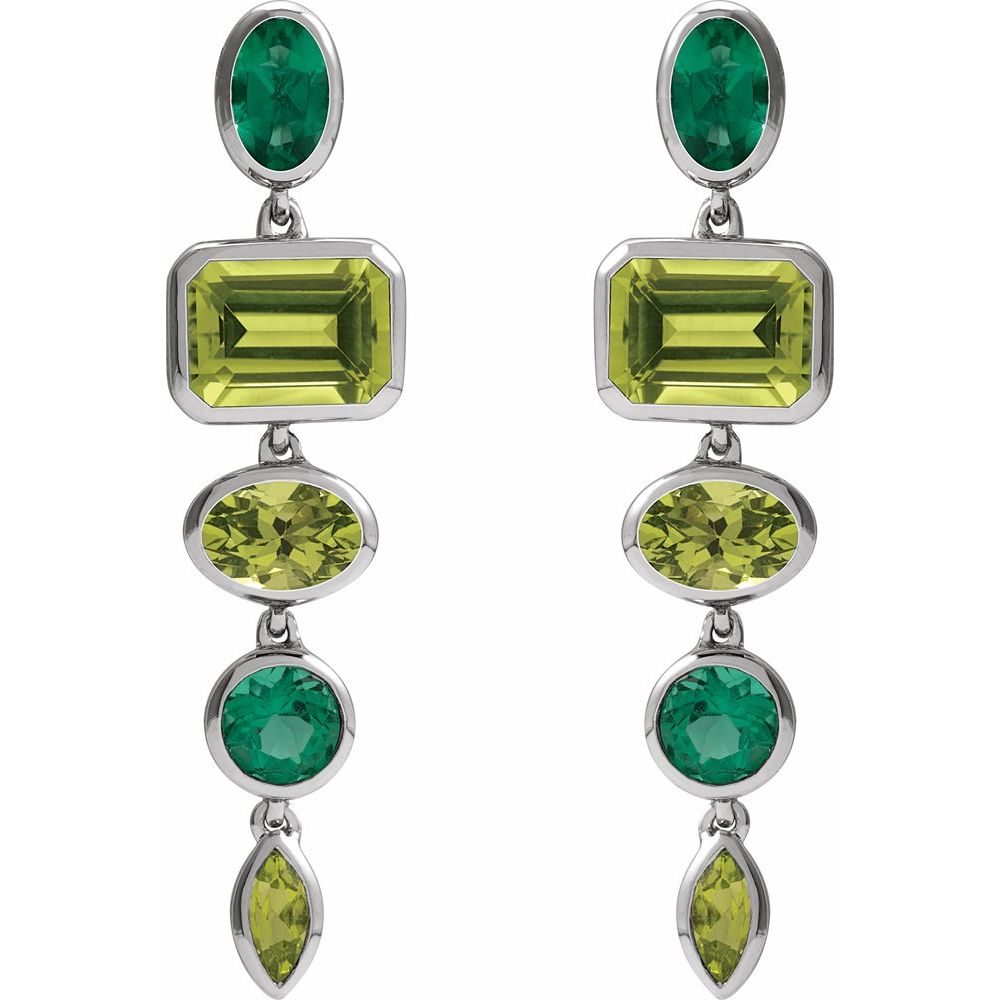 Natural Peridot & Lab-Grown Emerald Dangle Earrings In Solid 14K White Gold
