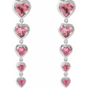 Natural Pink Tourmaline Diamond Dangle Heart Earrings In Solid 14K White Gold