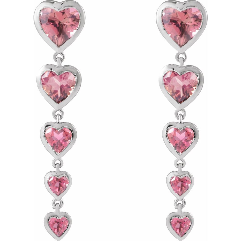 Natural Pink Tourmaline Diamond Dangle Heart Earrings In Solid 14K White Gold