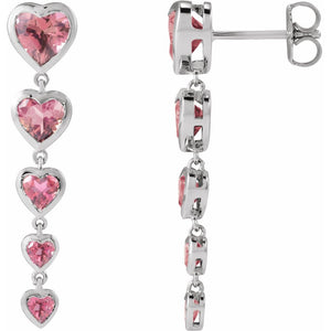 Natural Pink Tourmaline Diamond Dangle Heart Earrings In Solid 14K White Gold