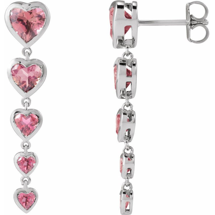 Natural Pink Tourmaline Diamond Dangle Heart Earrings In Solid 14K White Gold