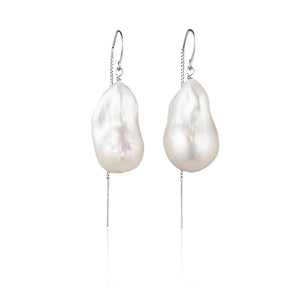 Large White Baroque Freshwater Pearl Drop Threader Earrings In 14K White Gold