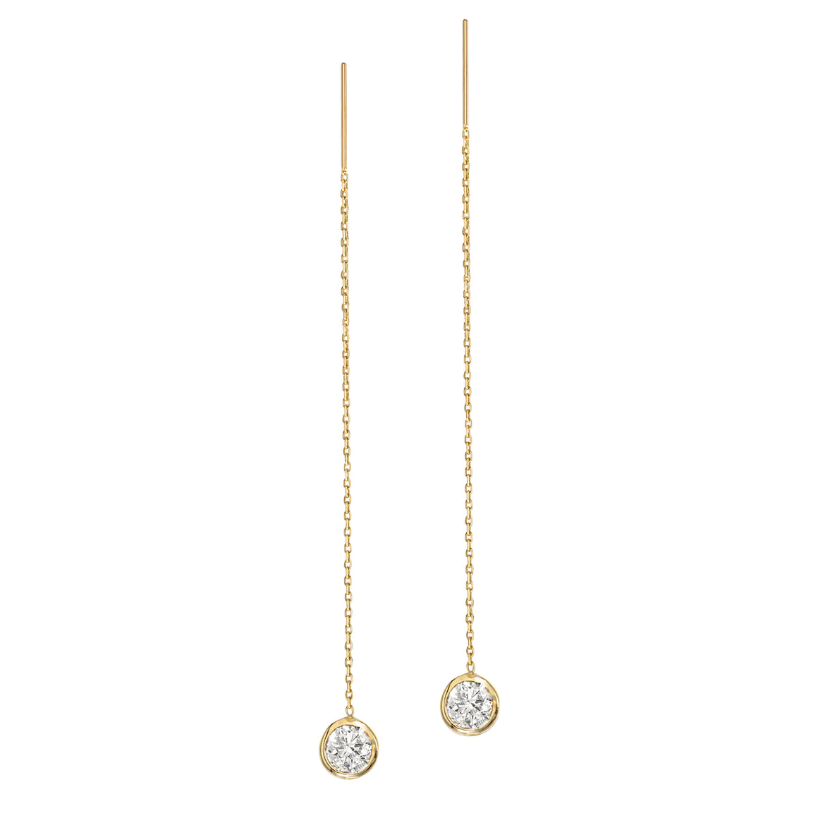 14K Yellow Gold Natural Diamond Bezel Cable Chain Adjustable Long Threader Earrings
