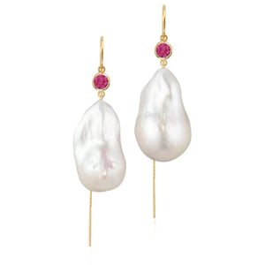 Pink Tourmaline And Large Baroque Freshwater Pearl Drop Threader Earrings In 14K Yellow Gold