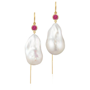 Pink Tourmaline And Large Baroque Freshwater Pearl Drop Threader Earrings In 14K White Gold | Sterling Silver