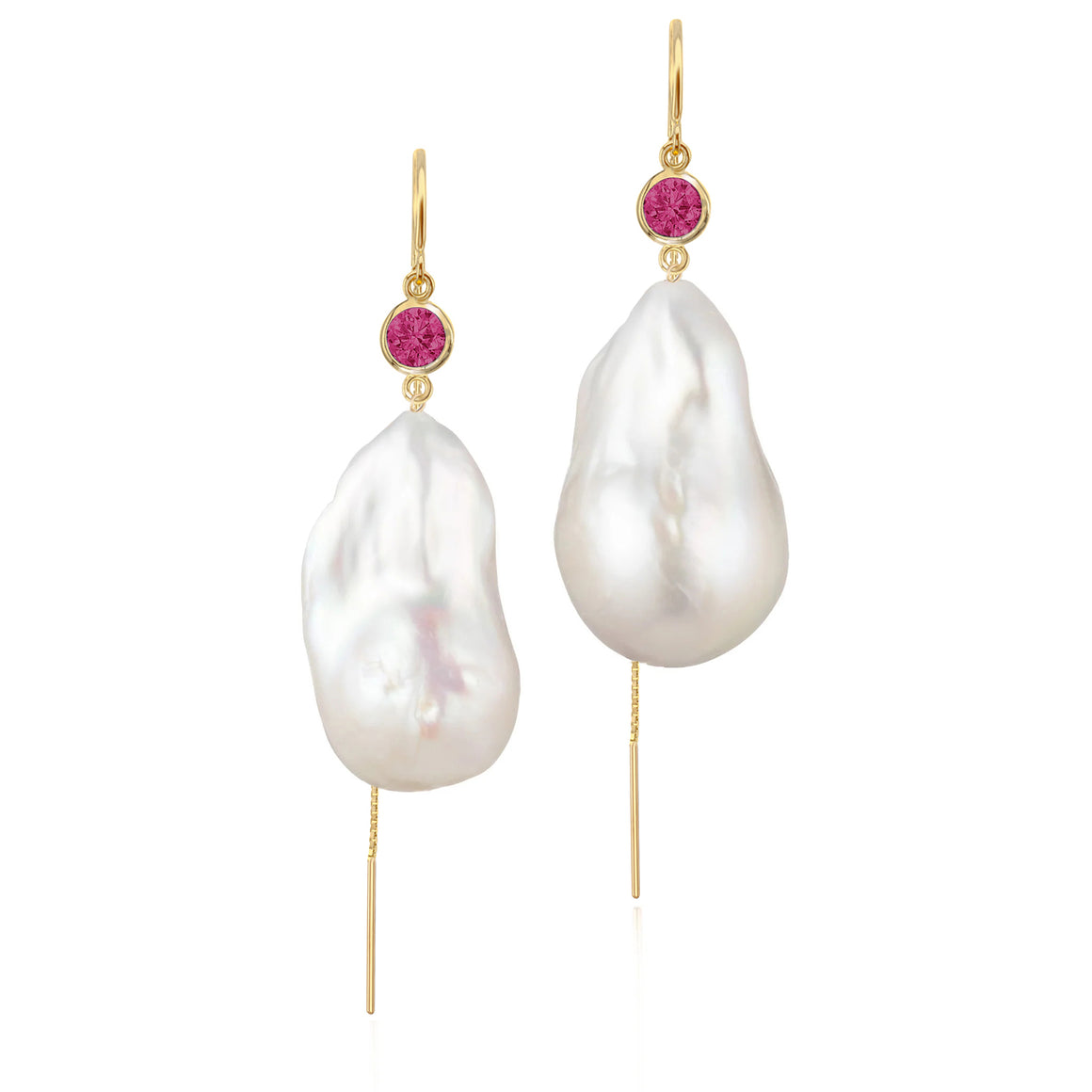 Pink Tourmaline And Large Baroque Freshwater Pearl Drop Threader Earrings In 14K Yellow Gold