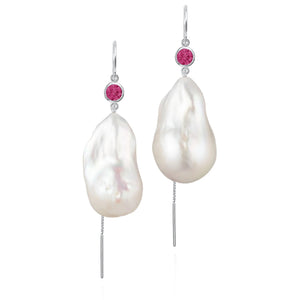 Pink Tourmaline And Large Baroque Freshwater Pearl Drop Threader Earrings In 14K White Gold | Sterling Silver