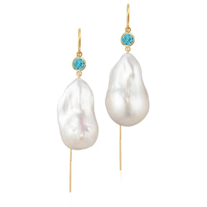 Aquamarine And Large Baroque Freshwater Pearl Drop Threader Earrings In 14K Yellow Gold