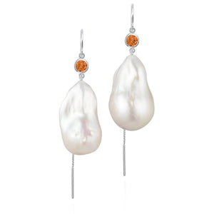 Citrine And Large Baroque Freshwater Pearl Drop Threader Earrings In 14K White Gold | Sterling Silver
