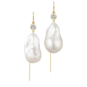 White Sapphire And Large Baroque Freshwater Pearl Drop Threader Earrings In 14K White Gold | Sterling Silver