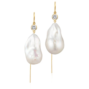 White Sapphire And Large Baroque Freshwater Pearl Drop Threader Earrings In 14K Yellow Gold