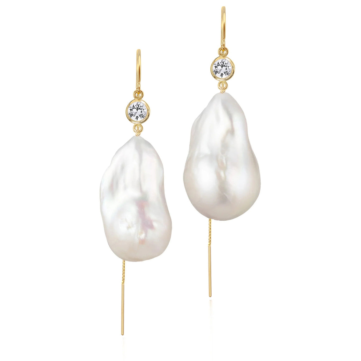 White Sapphire And Large Baroque Freshwater Pearl Drop Threader Earrings In 14K Yellow Gold