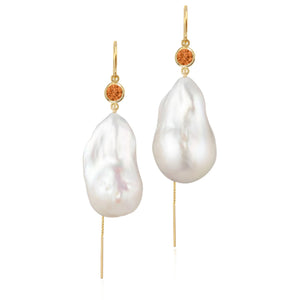 Citrine And Large Baroque Freshwater Pearl Drop Threader Earrings In 14K White Gold | Sterling Silver