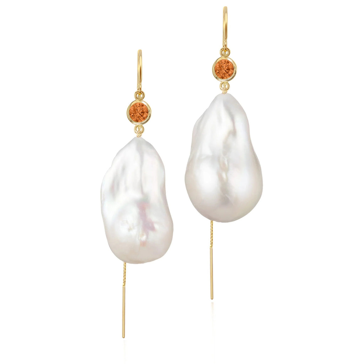 Citrine And Large Baroque Freshwater Pearl Drop Threader Earrings In 14K Yellow Gold