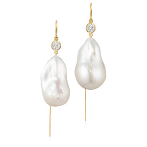 Lab-Grown Diamond And Large Baroque Freshwater Pearl Drop Threader Earrings In 14K White Gold | Sterling Silver