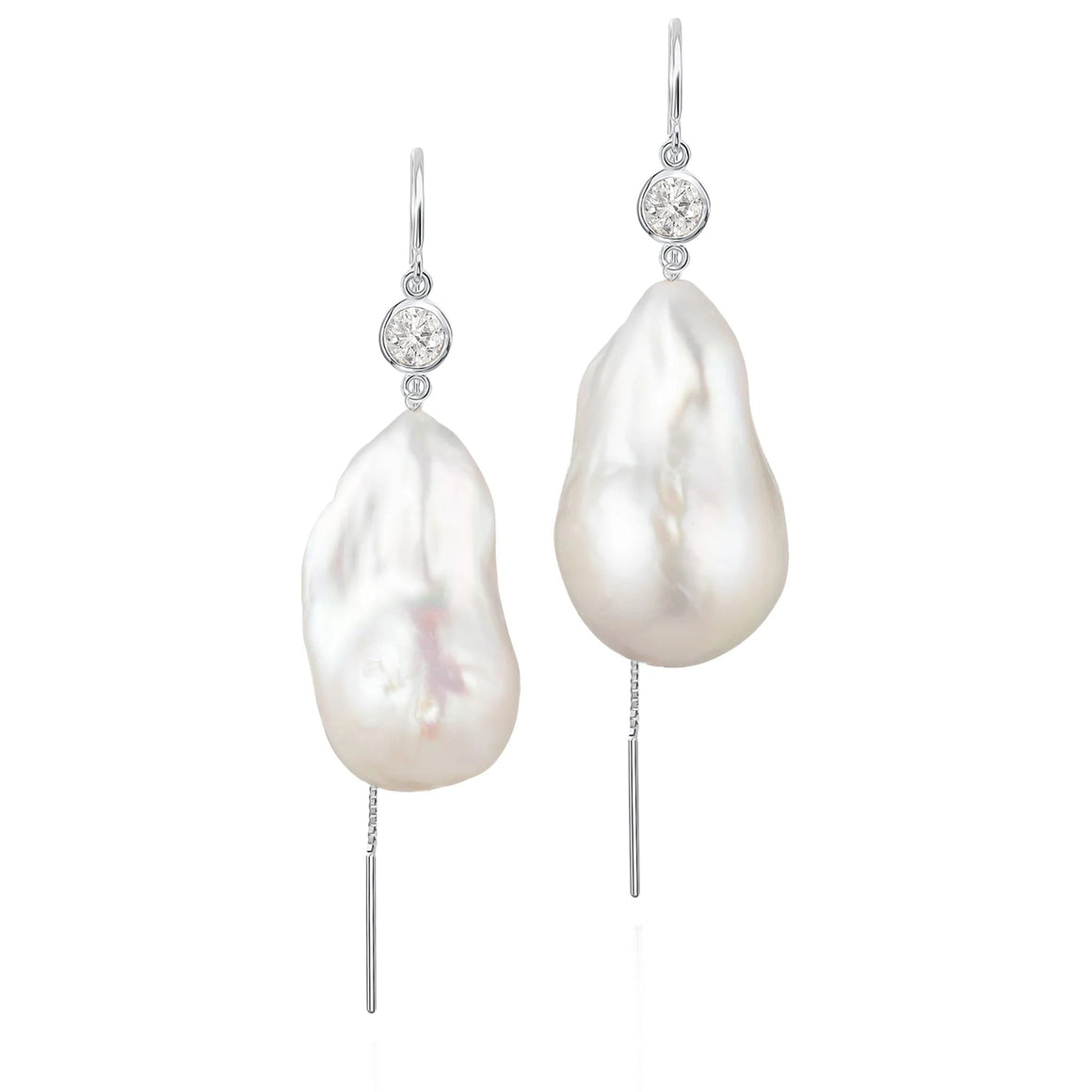 Diamond And Large Baroque Freshwater Pearl Drop Threader Earrings In 14K White Gold | Sterling Silver