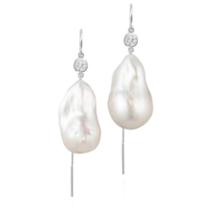 Diamond And Large Baroque Freshwater Pearl Drop Threader Earrings In 14K Yellow Gold