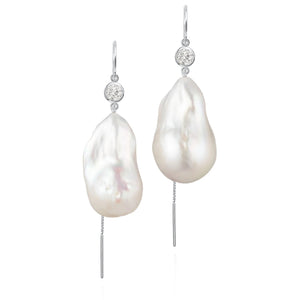 Lab-Grown Diamond And Large Baroque Freshwater Pearl Drop Threader Earrings In 14K Yellow Gold