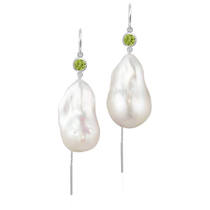 Peridot And Large Baroque Freshwater Pearl Drop Threader Earrings In 14K White Gold | Sterling Silver