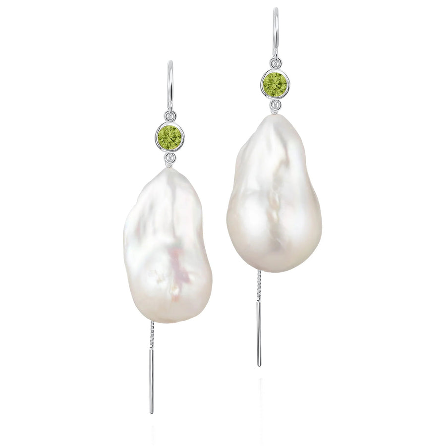 Peridot And Large Baroque Freshwater Pearl Drop Threader Earrings In 14K Yellow Gold