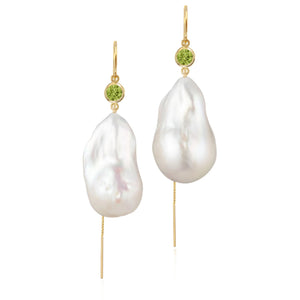 Peridot And Large Baroque Freshwater Pearl Drop Threader Earrings In 14K Yellow Gold