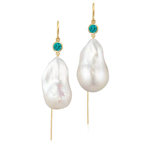 Zircon And Large Baroque Freshwater Pearl Drop Threader Earrings In 14K White Gold | Sterling Silver