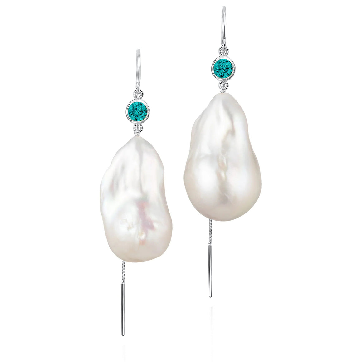 Zircon And Large Baroque Freshwater Pearl Drop Threader Earrings In 14K White Gold | Sterling Silver