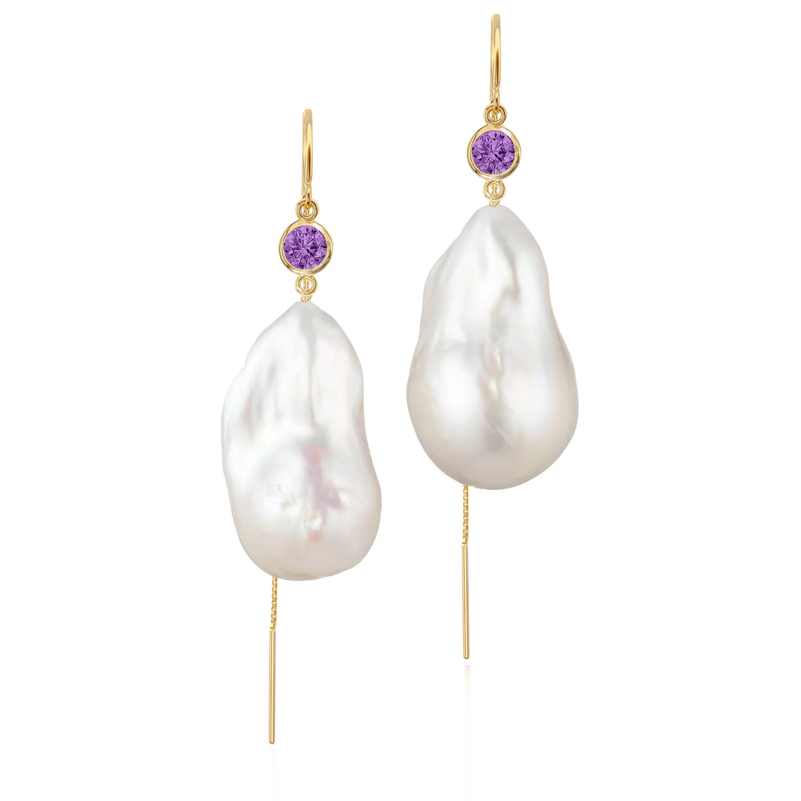 Amethyst And Large Baroque Freshwater Pearl Drop Threader Earrings In 14K Yellow Gold