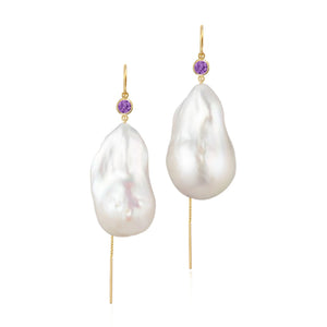 Amethyst And Large Baroque Freshwater Pearl Drop Threader Earrings In 14K White Gold | Sterling Silver