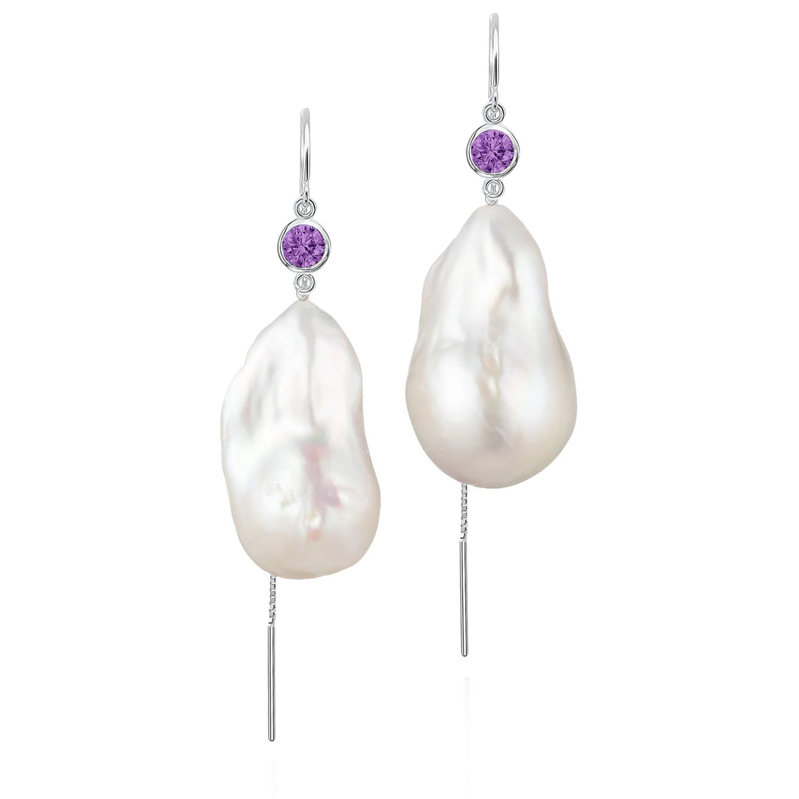 Amethyst And Large Baroque Freshwater Pearl Drop Threader Earrings In 14K White Gold | Sterling Silver