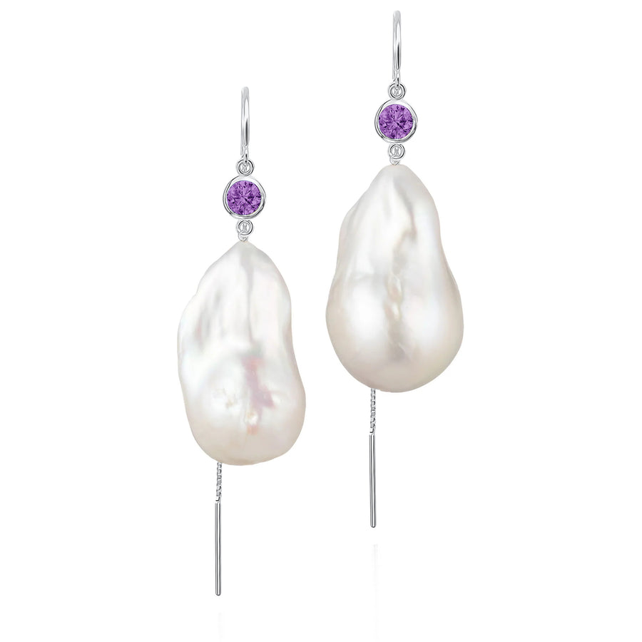 Amethyst And Large Baroque Freshwater Pearl Drop Threader Earrings In 14K Yellow Gold