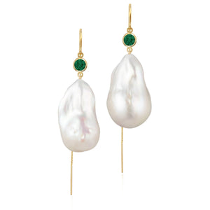 Emerald And Large Baroque Freshwater Pearl Drop Threader Earrings In 14K Yellow Gold