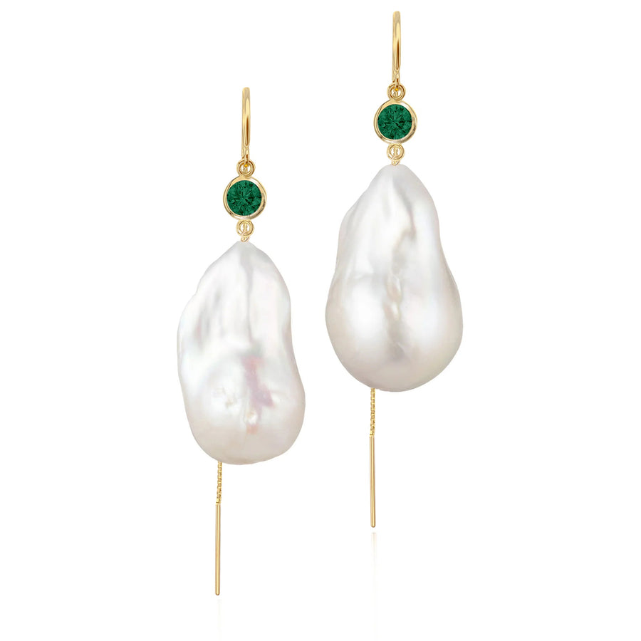 Emerald And Large Baroque Freshwater Pearl Drop Threader Earrings In 14K White Gold | Sterling Silver