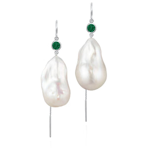 Emerald And Large Baroque Freshwater Pearl Drop Threader Earrings In 14K White Gold | Sterling Silver