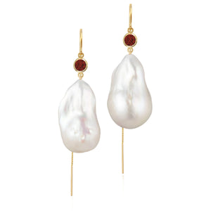 Garnet And Large Baroque Freshwater Pearl Drop Threader Earrings In 14K Yellow Gold