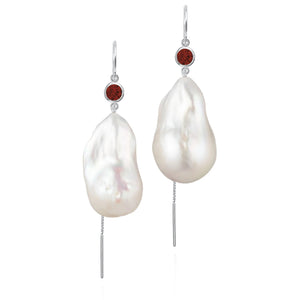 Garnet And Large Baroque Freshwater Pearl Drop Threader Earrings In 14K White Gold | Sterling Silver