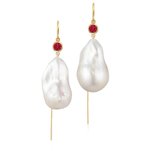 Ruby And Large Baroque Freshwater Pearl Drop Threader Earrings In 14K Yellow Gold