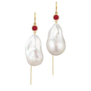 Ruby And Large Baroque Freshwater Pearl Drop Threader Earrings In 14K White Gold | Sterling Silver