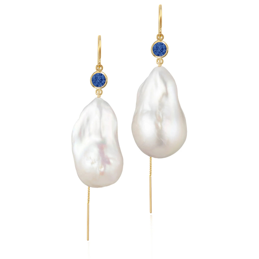 Blue Sapphire And Large Baroque Freshwater Pearl Drop Threader Earrings In 14K White Gold | Sterling Silver