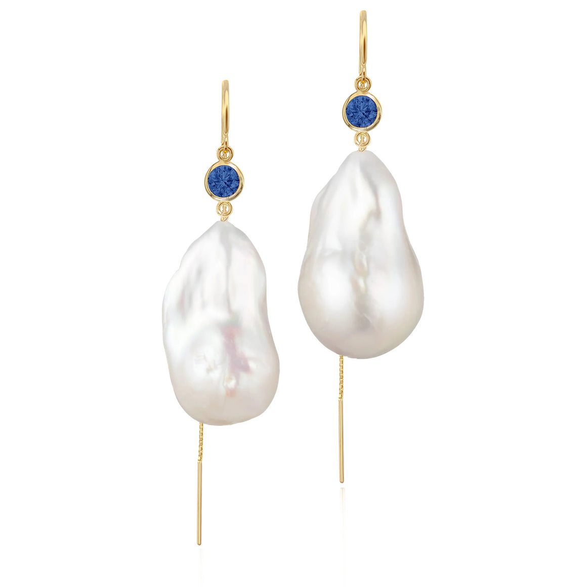 Blue Sapphire And Large Baroque Freshwater Pearl Drop Threader Earrings In 14K Yellow Gold