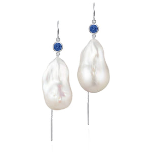 Blue Sapphire And Large Baroque Freshwater Pearl Drop Threader Earrings In 14K White Gold | Sterling Silver