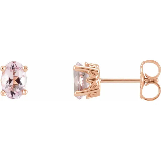Faceted Pink Morganite Oval Solitaire Stud Earrings In 14K Rose Gold